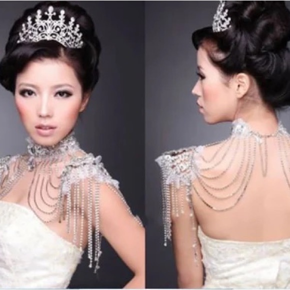 Rhinestone/Tulle Frills Bridal Shoulder Tassel, Glam Coverup for Strapless Dress - Picture 6 of 10